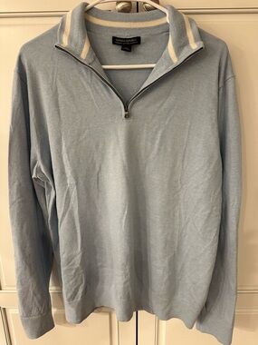 Banana Republic Men's Light Blue 1/4 Zip-Up Sweater with Striped Collar. Large
